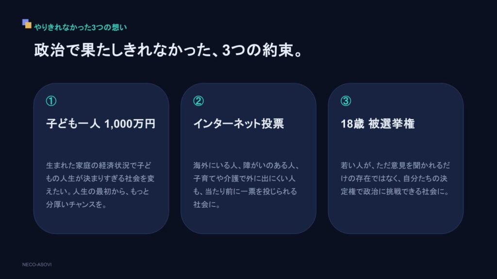前衆議院議員の中谷一馬氏が政治で掲げた、子どもへのチャンス、ネット投票、若者の決定権という3つの約束。